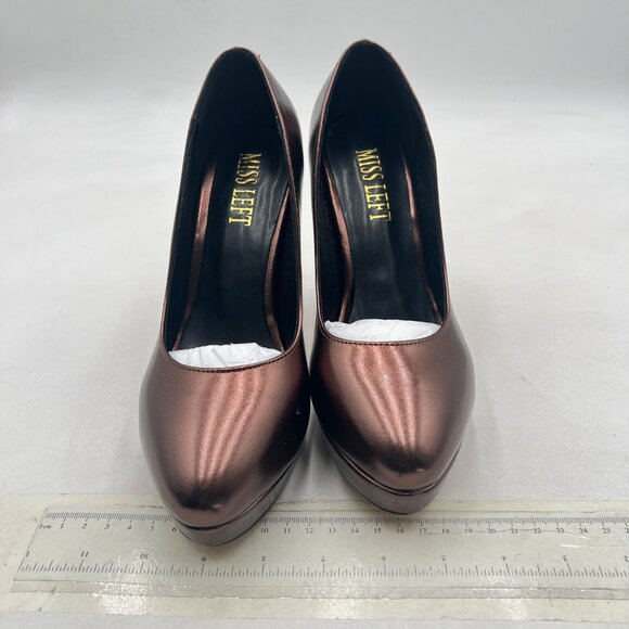 miss left Brown Platform Almond Toe Pumps Classic Slip On Chunky High Heel Shoes - Picture 3 of 8